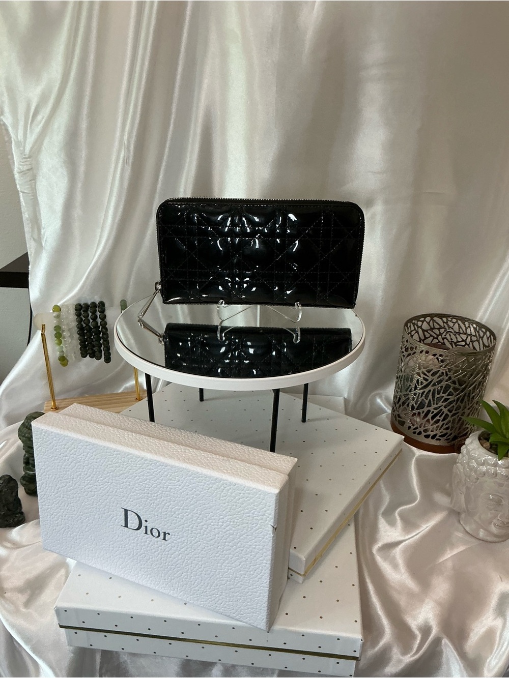 Dior Black Patent Quilted Zip-Around Wallet